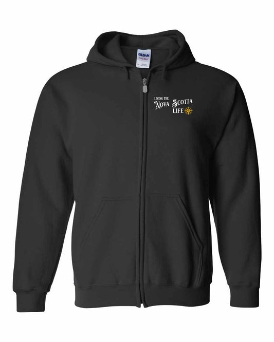 Living the Nova Scotia Life yellow Left Chest zip-hoodie