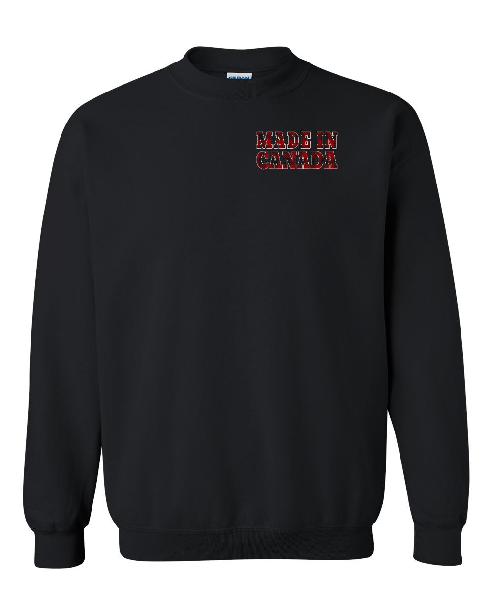 Made in Canada Plaid Background Left Chest Crewneck Sweatshirt - Gildan Canada (sewn Internationally) - Unisex