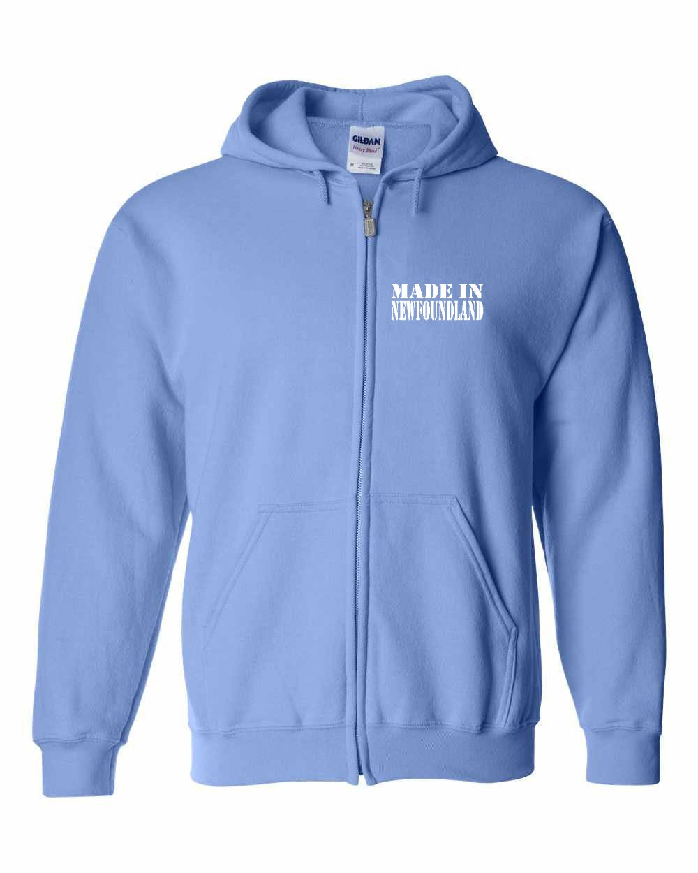 Made In NFLD ( White Lettering) Left Chest Zip Hoodie - Unisex