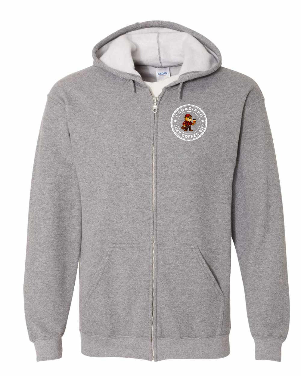 Canadiano just Coffee EH! Male Beaver Left Chest Zip Hoodie - Gildan Canada (sewn Internationally)