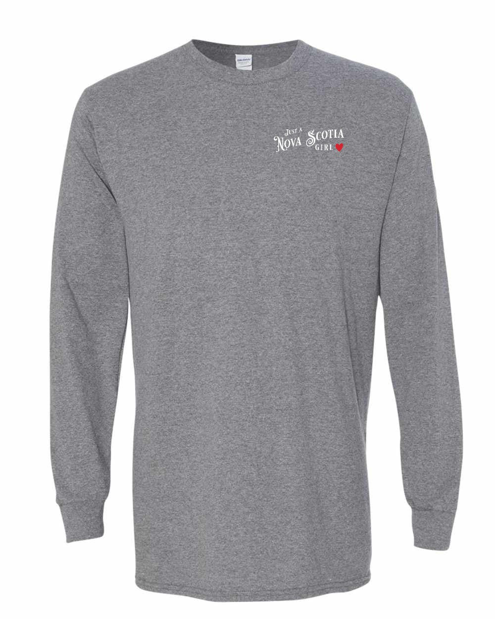 Just a Nova Scotia Girl Red Heart Left Chest Long Sleeve Tee
