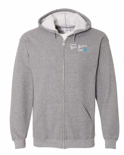 Living the Nova Scotia Life blue Left Chest zip-hoodie