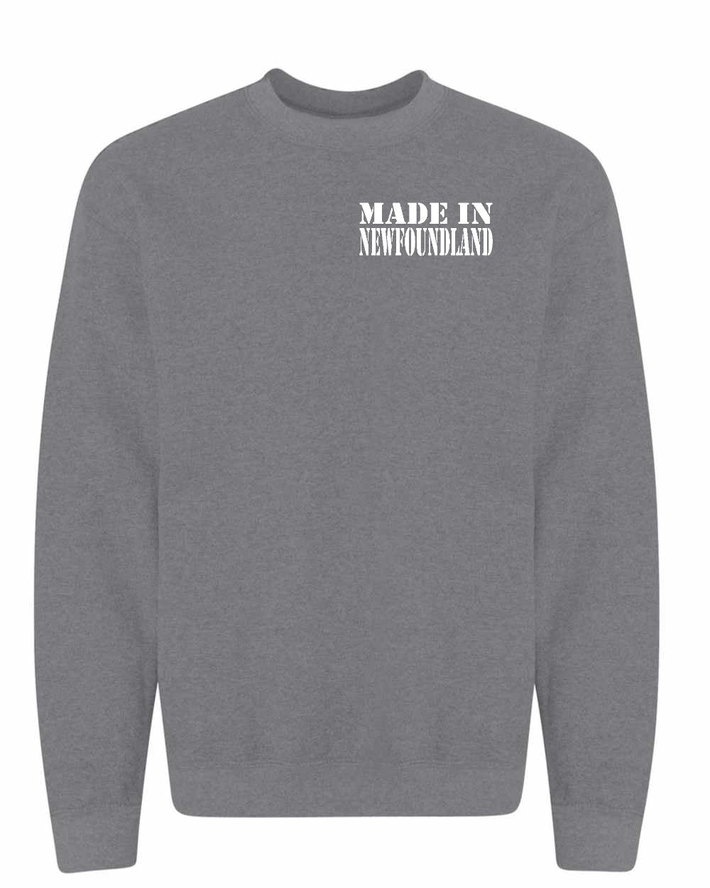 Made In NFLD ( White Lettering) Left Chest and Back Crewneck Sweatshirt - Unisex