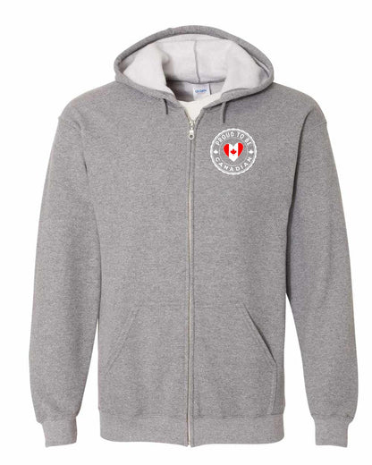 Proud to be Canadian Heart Flag Left Chest Zip Hoodie - Gildan Canada (sewn Internationally)