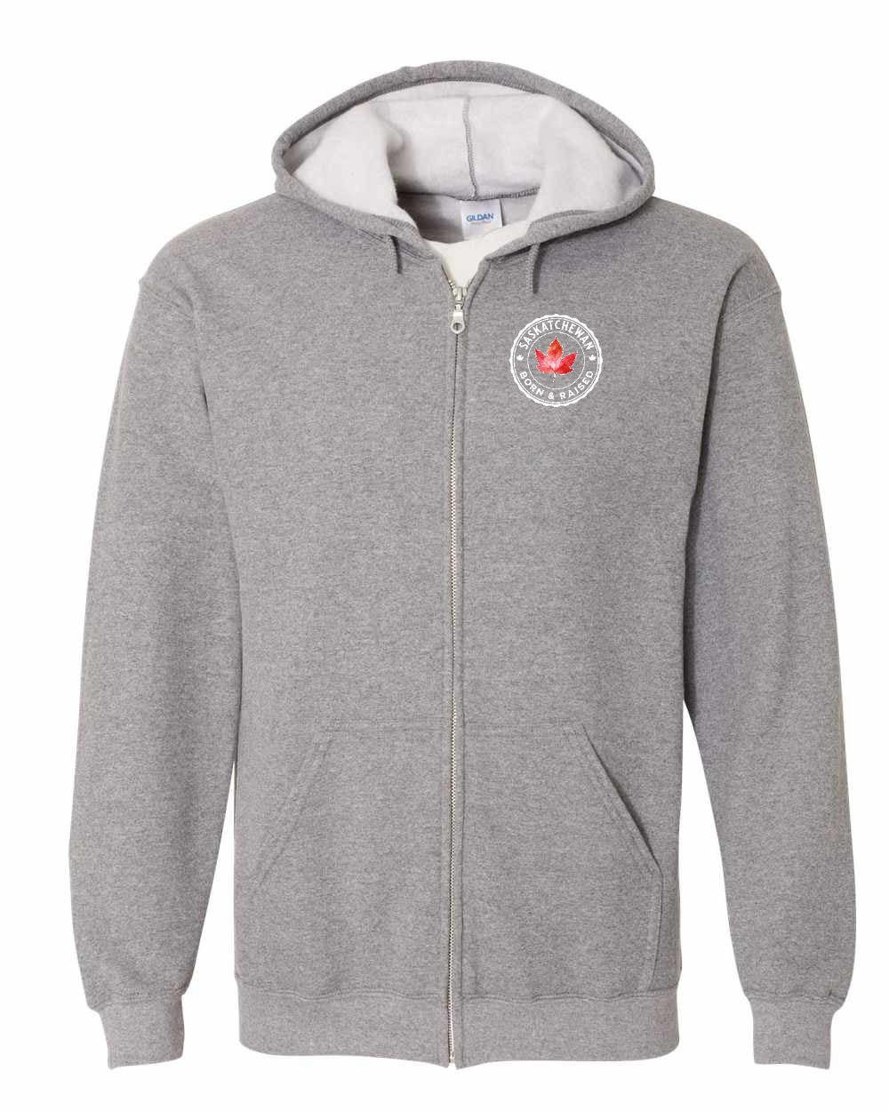 Born and Raised Saskatchewan Left Chest Zip Hoodie - Gildan Canada (sewn Internationally)