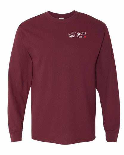 Just a Nova Scotia Girl Red Heart Left Chest Long Sleeve Tee