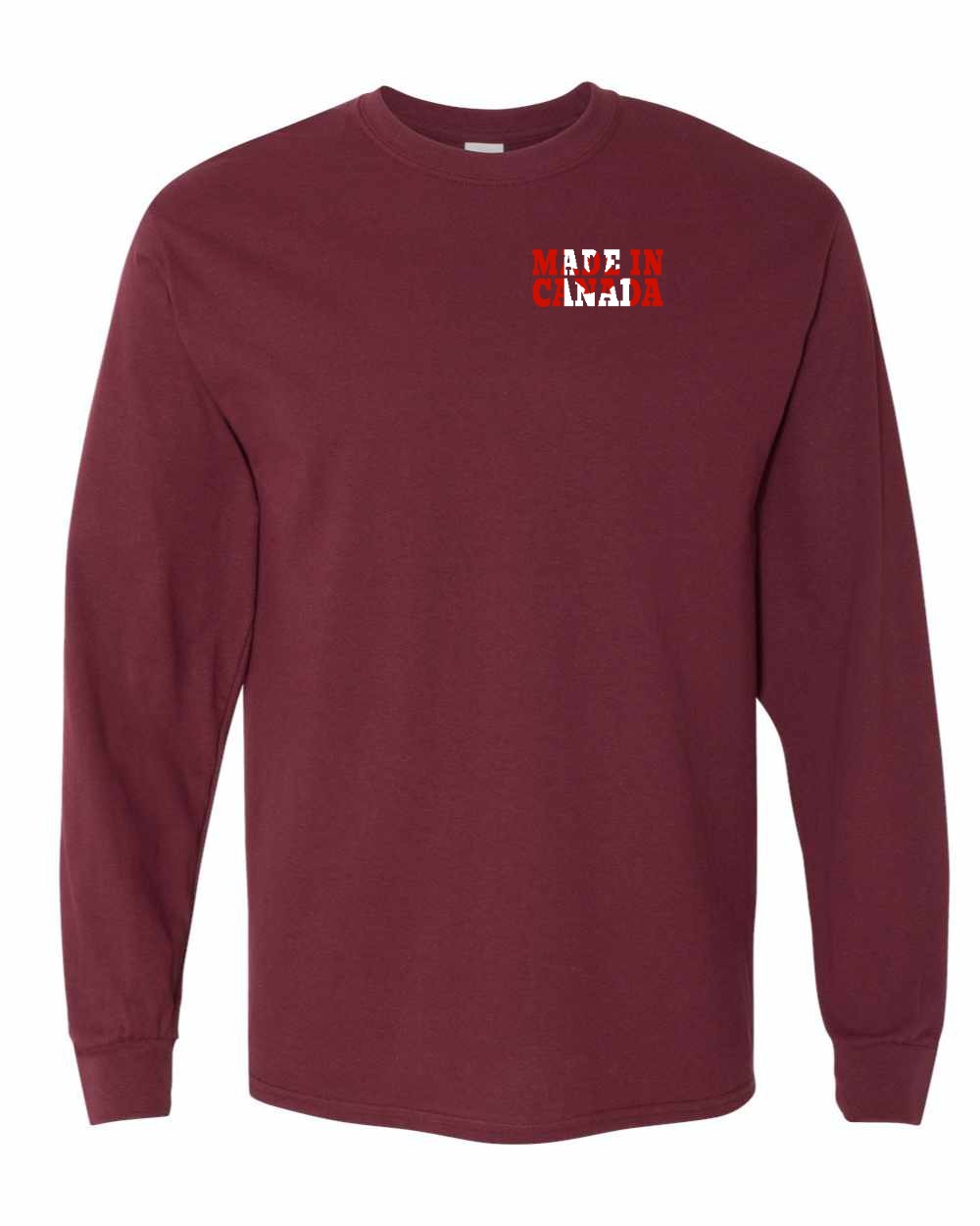 Made in Canada Flag Background Left Chest and Back Long Sleeve - Gildan Canada (sewn Internationally) - Unisex