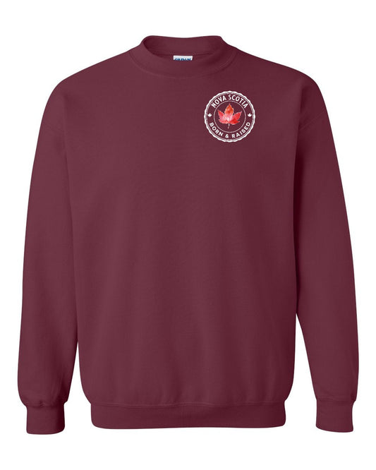 Born and Rasied Nova Scotia Left Chest and Back Crewneck