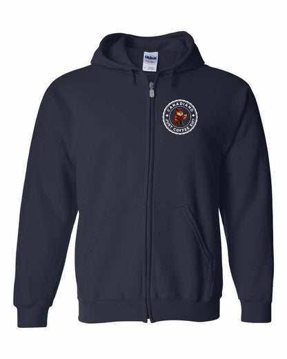 Canadiano just Coffee EH! Male Beaver Left Chest and Back Zip Hoodie - Gildan Canada (sewn Internationally)