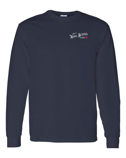 Just a Nova Scotia Girl Red Heart Left Chest Long Sleeve Tee