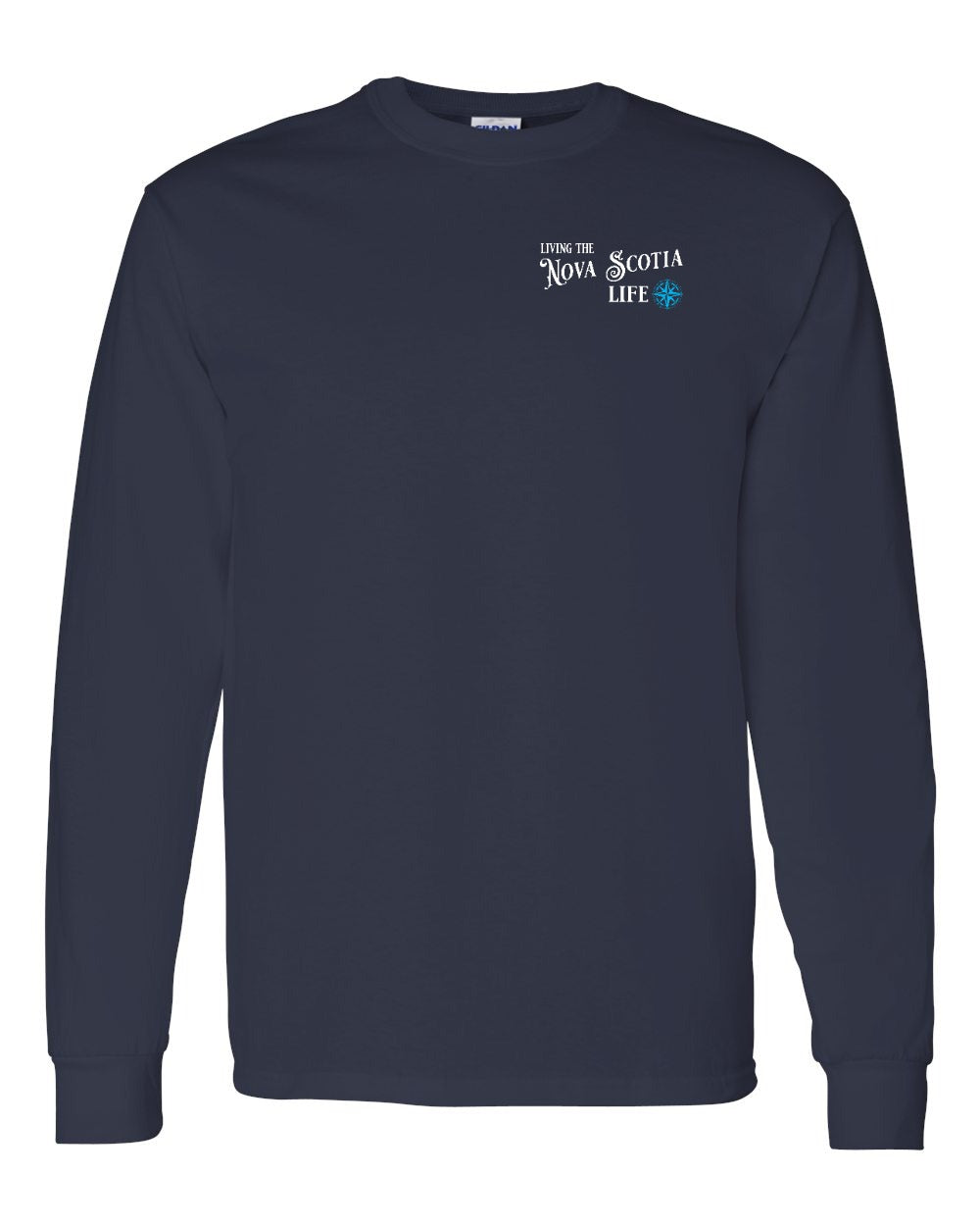 Living the Nova Scotia Life blue Left Chest and Back Long Sleeve Tee