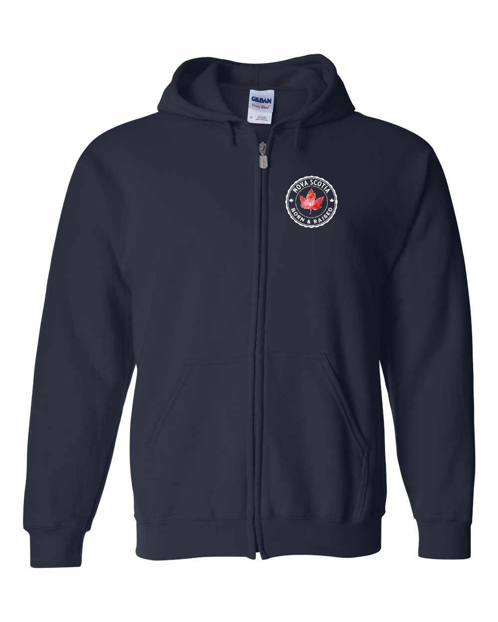 Born and Rasied Nova Scotia Left Chest and Back Zip Hoodie - Gildan Canada (sewn Internationally)