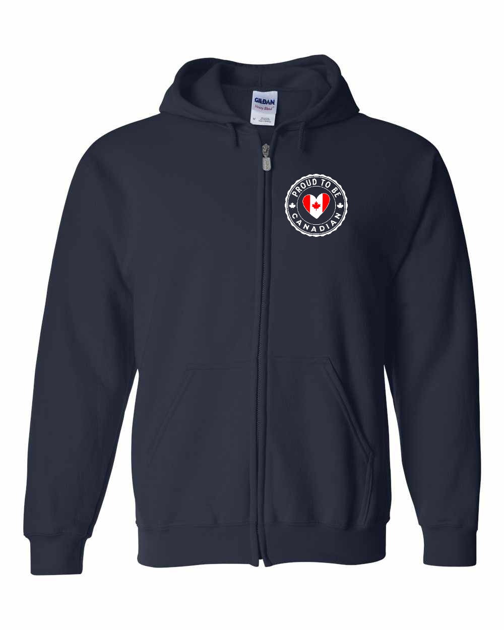 Proud to be Canadian Heart Flag Left Chest and Back Zip Hoodie - Gildan Canada (sewn Internationally)