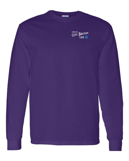 Living the Cape Breton Life blue Left Chest and Back Long Sleeve Tee