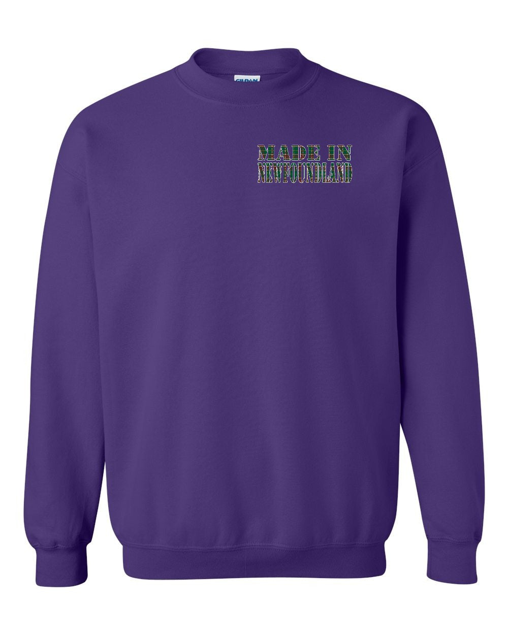 Made In NFLD ( Tartan Lettering) Left Chest and Back Crewneck Sweatshirt - Unisex