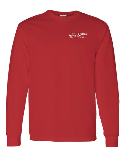 Just a Nova Scotia Girl Red Heart Left Chest Long Sleeve Tee