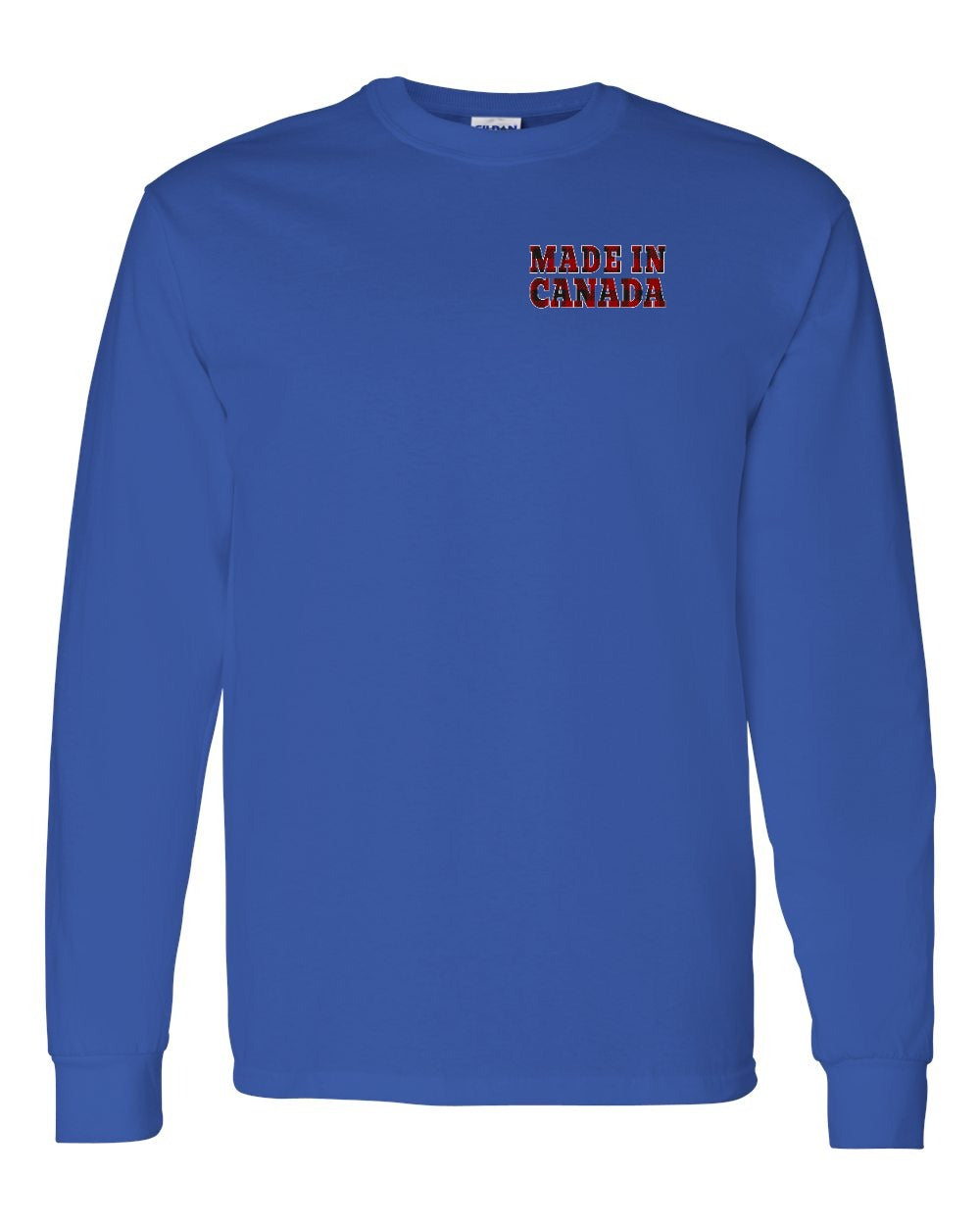 Made in Canada Plaid Background Left Chest and Back Long Sleeve - Gildan Canada (sewn Internationally) - Unisex