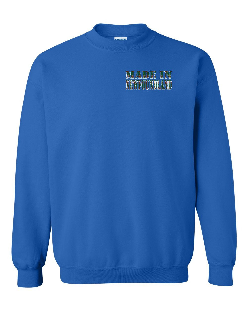 Made In NFLD ( Tartan Lettering) Left Chest and Back Crewneck Sweatshirt - Unisex