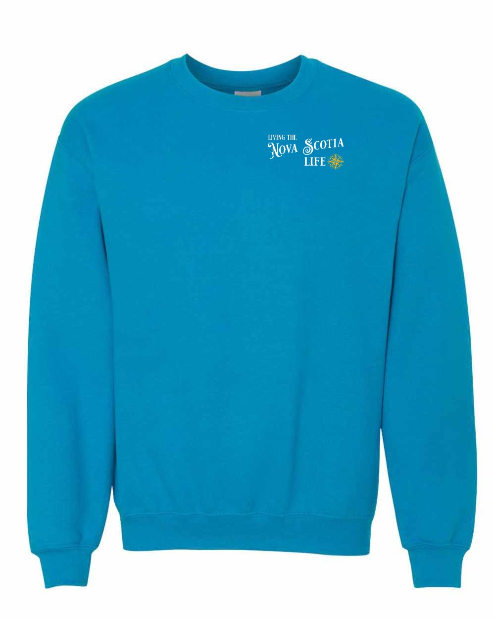 Living the Nova Scotia Life yellow Left Chest and Back crew-neck