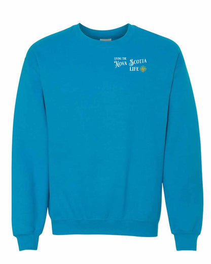 Living the Nova Scotia Life yellow Left Chest and Back crew-neck