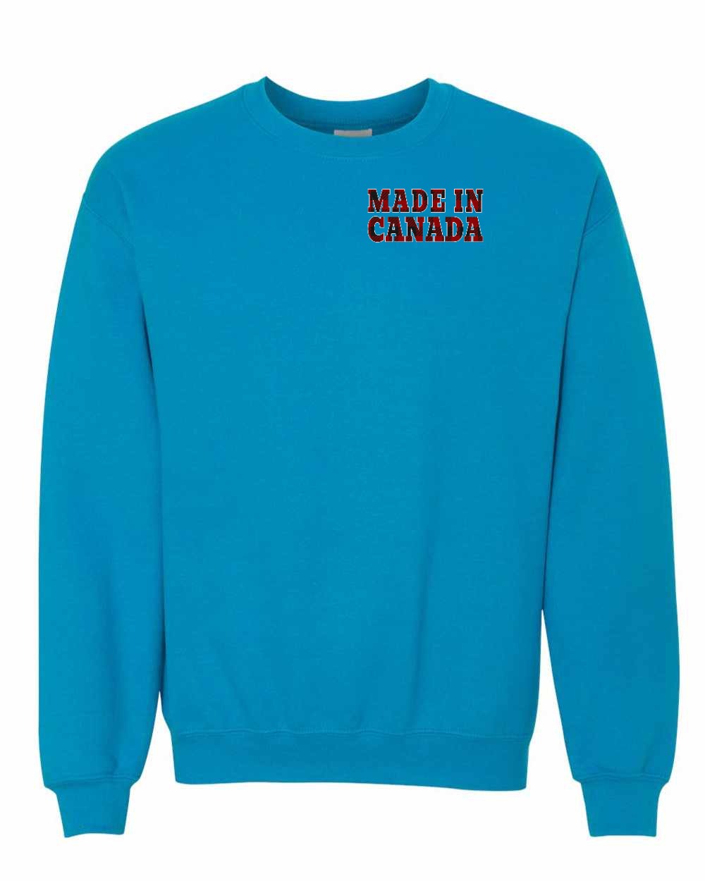Made in Canada Plaid Background Left Chest and Back Crewneck Sweatshirt - Gildan Canada (sewn Internationally) - Unisex