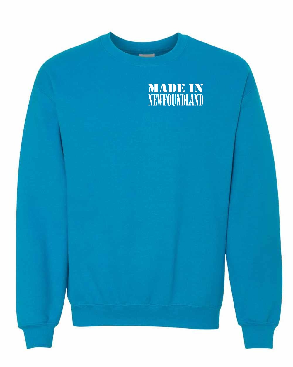Made In NFLD ( White Lettering) Left Chest and Back Crewneck Sweatshirt - Unisex