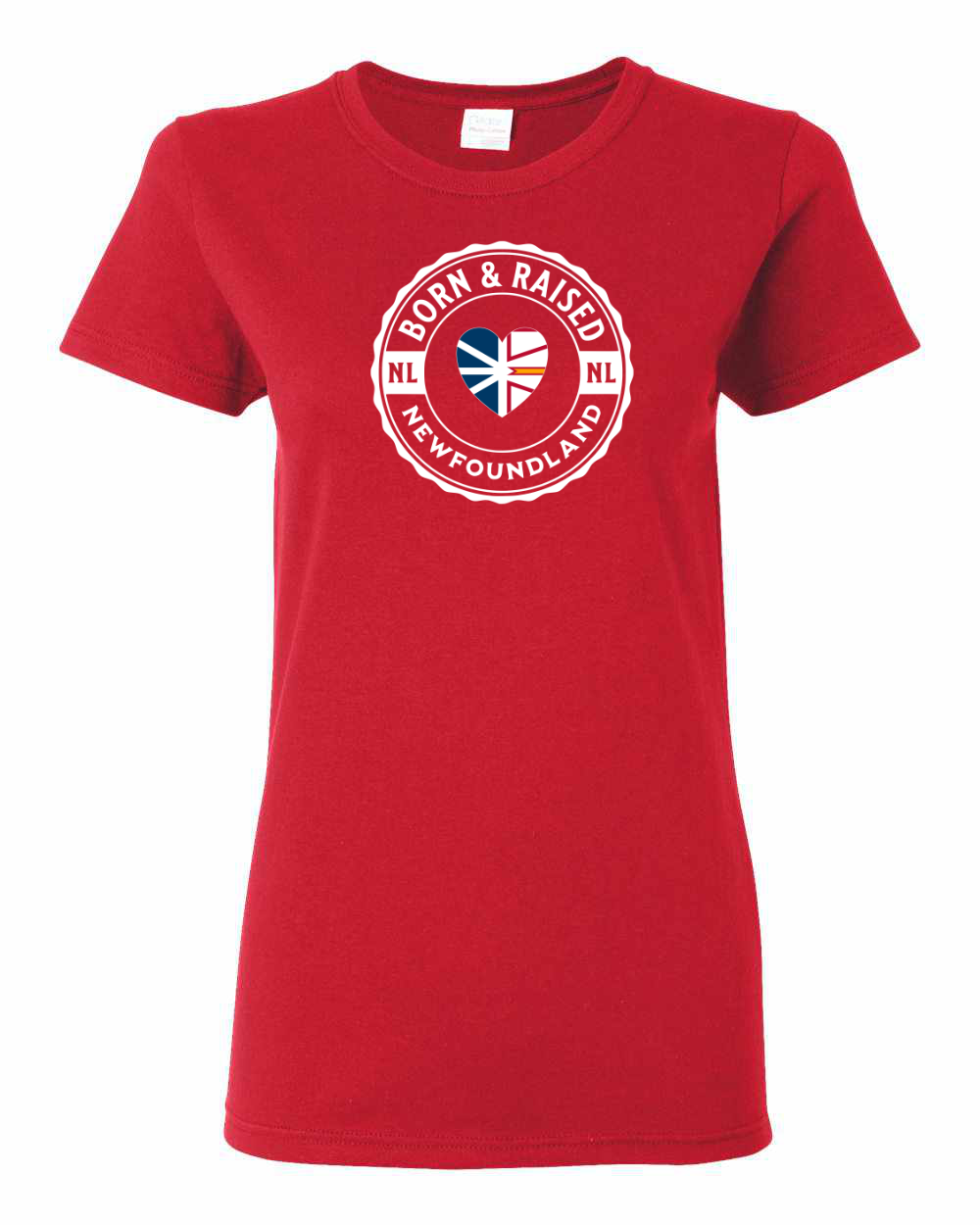 Born and Raised Heart Flag NFLD Women's Tee
