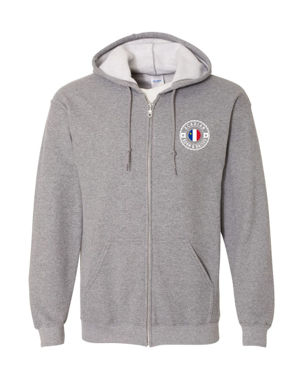 Acadian Born and Raised Acadian Flag Center - Left Chest and Back Zip Hoodie - Unisex