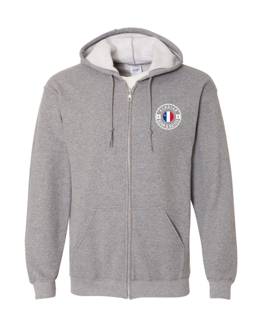 Acadian Born and Raised Acadian Flag Center - Left Chest and Back Zip Hoodie - Unisex