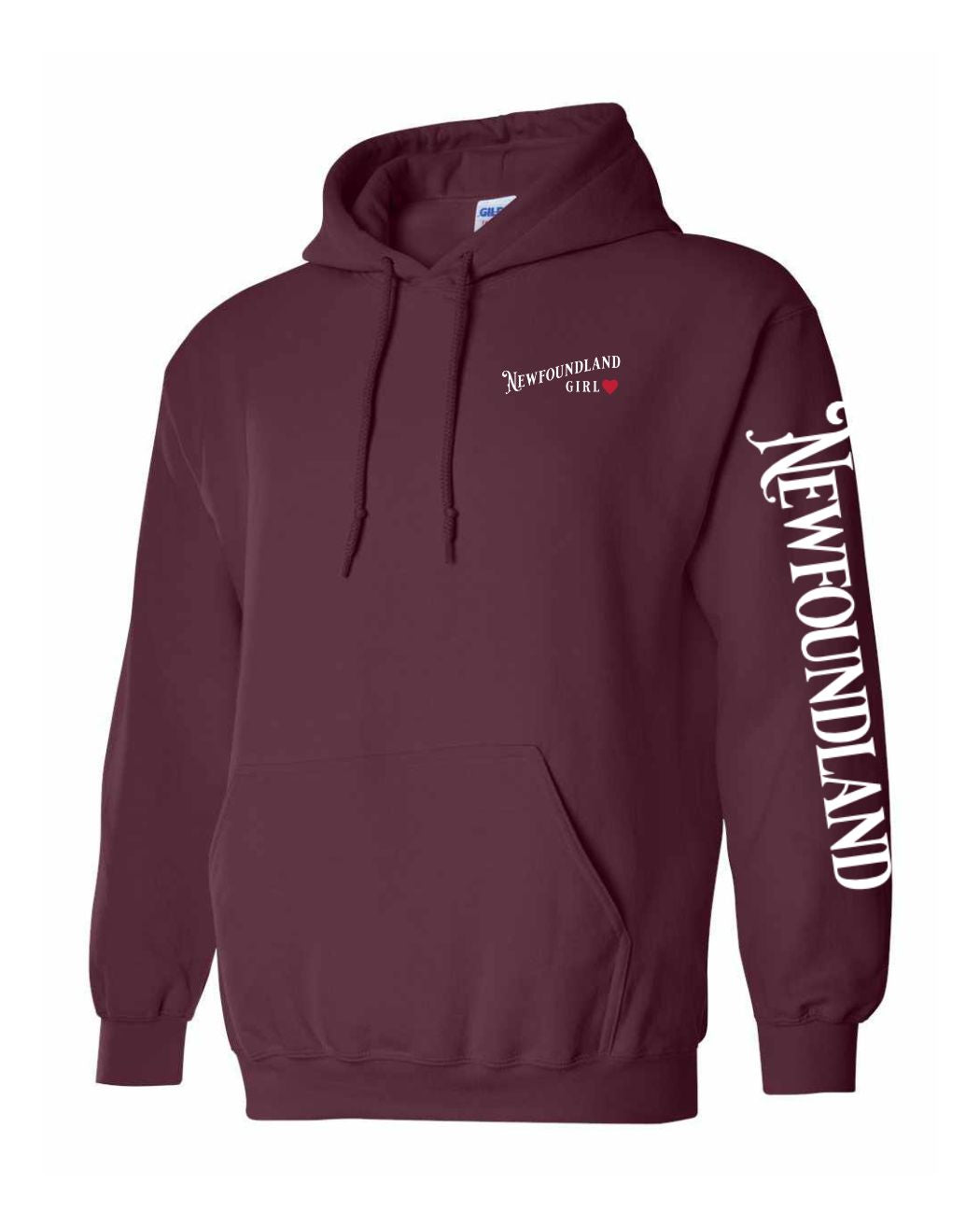 NFLD Girl Red Heart Left Chest and Sleeve Pullover Hoodie - Unisex
