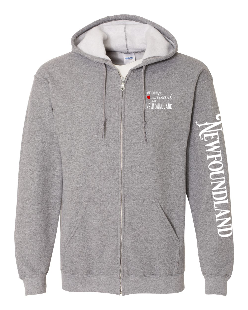 A piece of my Heart NFLD red heart Left Chest and Sleeve Zip Hoodie - Unisex