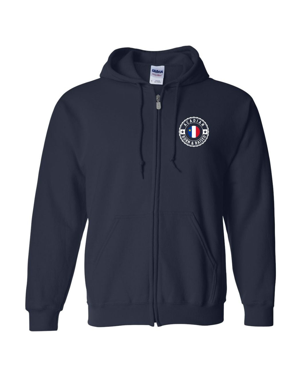Acadian Born and Raised Acadian Flag Center - Left Chest and Back Zip Hoodie - Unisex