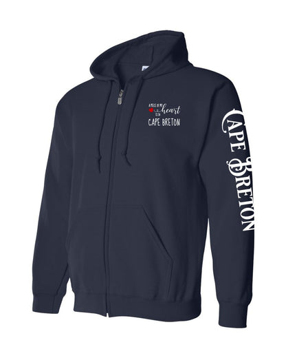 A piece of my heart is in Cape Breton Red Heart Left Chest and Sleeve Zip Hoodie