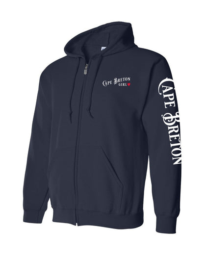Cape Breton Girl Red Heart Left Chest and Sleeve Zip Hoodie