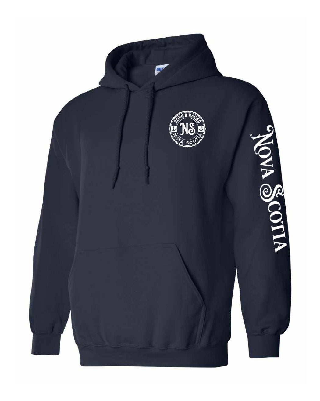 Born and Raised Nova Scotia Left Chest and Sleeve Pullover Hoodie