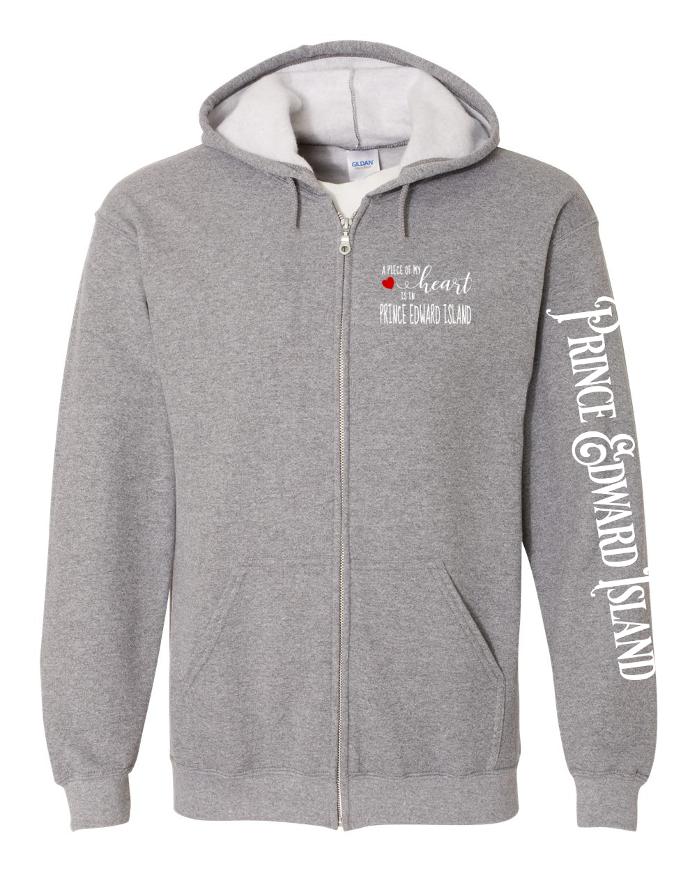 A piece of my Heart PEI red heart Left Chest and Sleeve Zip Hoodie - Unisex