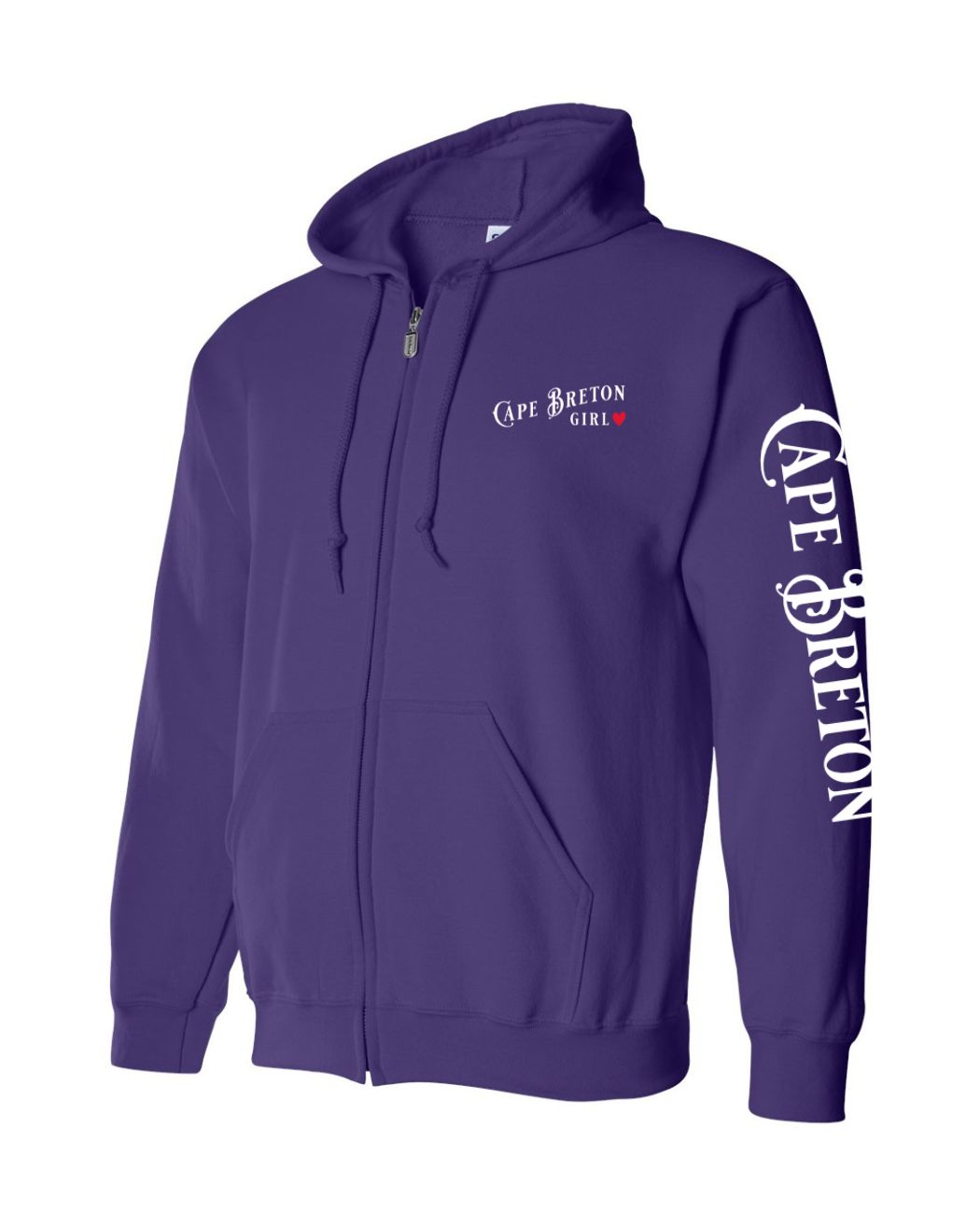 Cape Breton Girl Red Heart Left Chest and Sleeve Zip Hoodie
