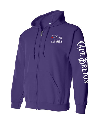 A piece of my heart is in Cape Breton Red Heart Left Chest and Sleeve Zip Hoodie