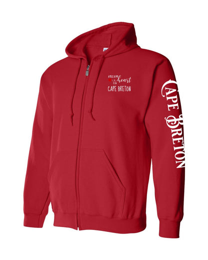 A piece of my heart is in Cape Breton Red Heart Left Chest and Sleeve Zip Hoodie