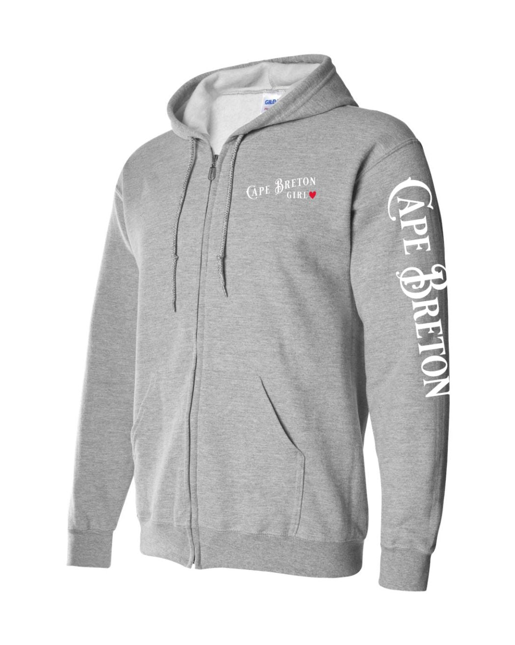 Cape Breton Girl Red Heart Left Chest and Sleeve Zip Hoodie