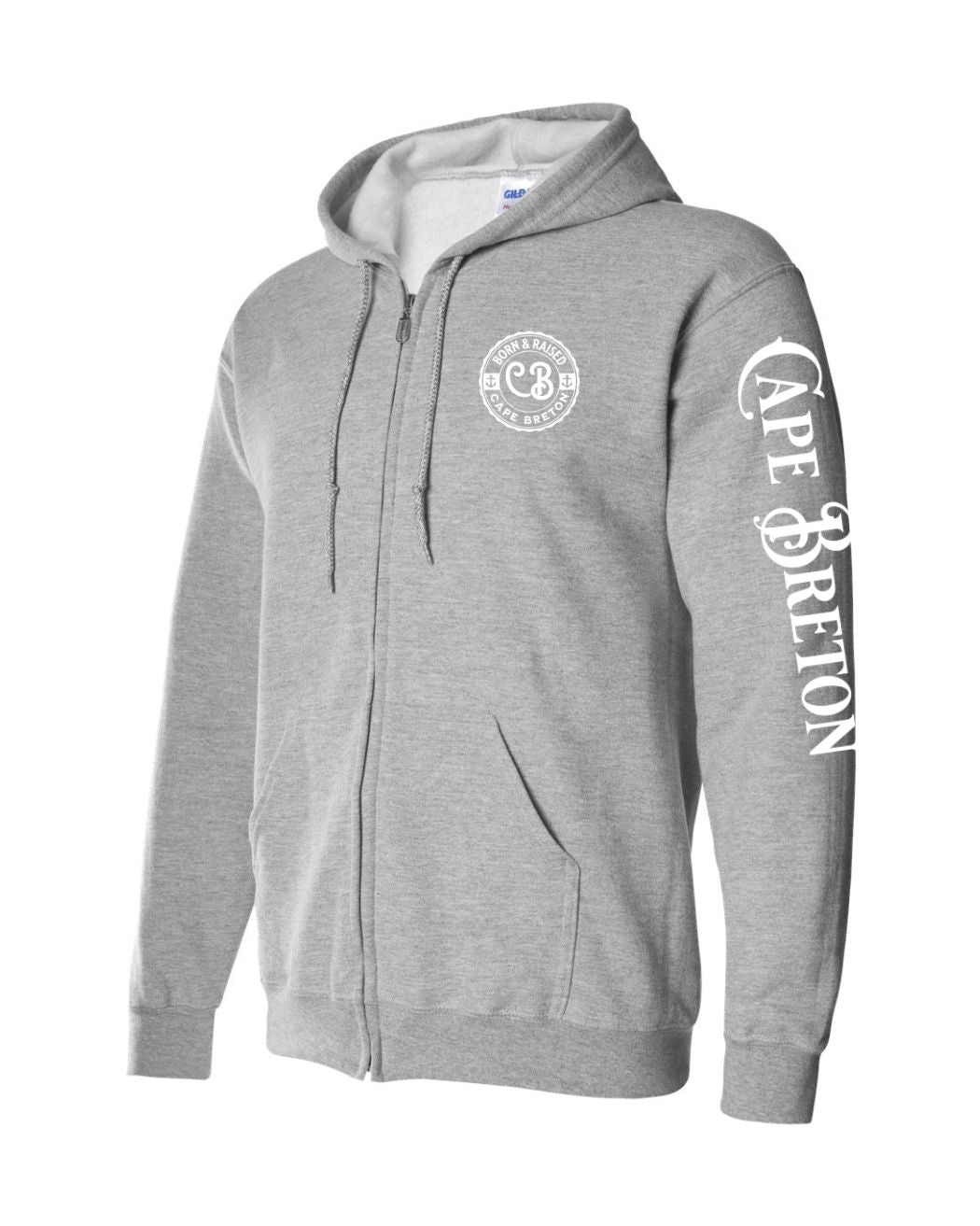 Born and Raised Cape Breton Left Chest and Sleeve Zip Hoodie