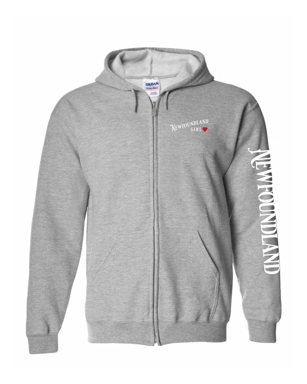 Newfoundland Girl Red Heart Left Chest And Sleeve Zip Hoodie