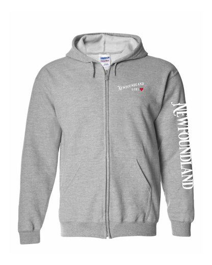 Newfoundland Girl Red Heart Left Chest And Sleeve Zip Hoodie