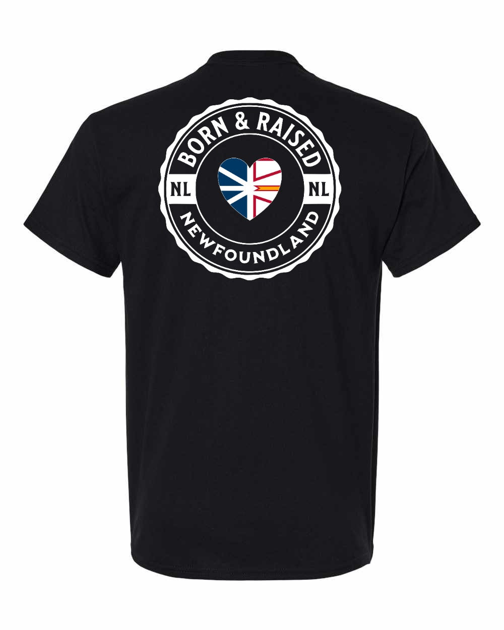 Born and Raised NFLD Heart Flag Left Chest & Back Men's Tee