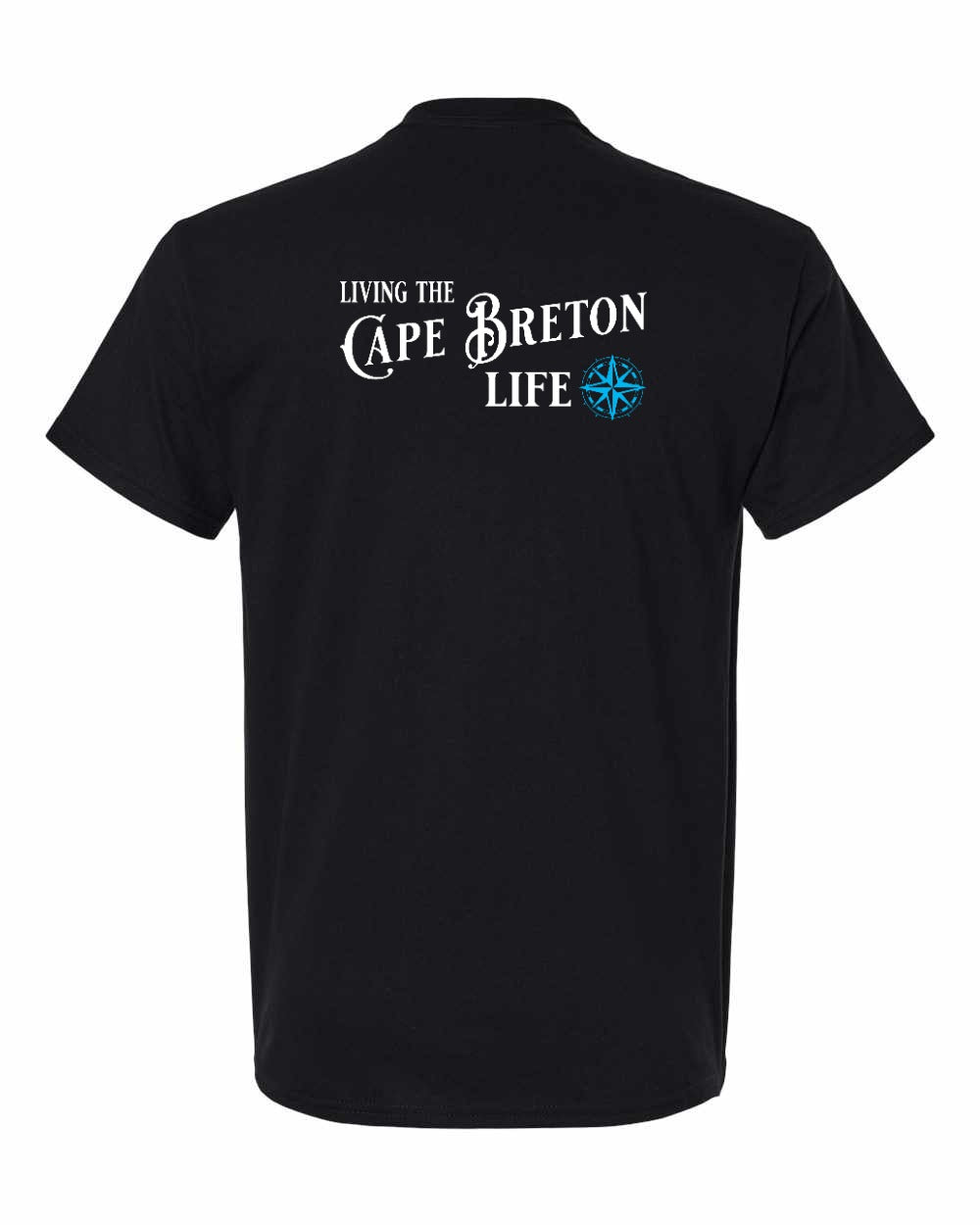 Living the Cape Breton Life blue Left Chest and Back Men's Tee