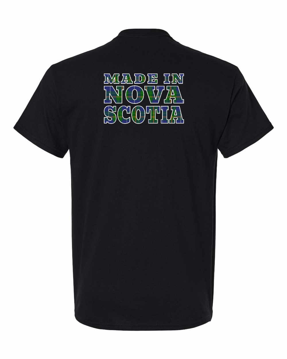 Made In Nova Scotia ( Tartan Lettering) Left Chest and Back mens-tee