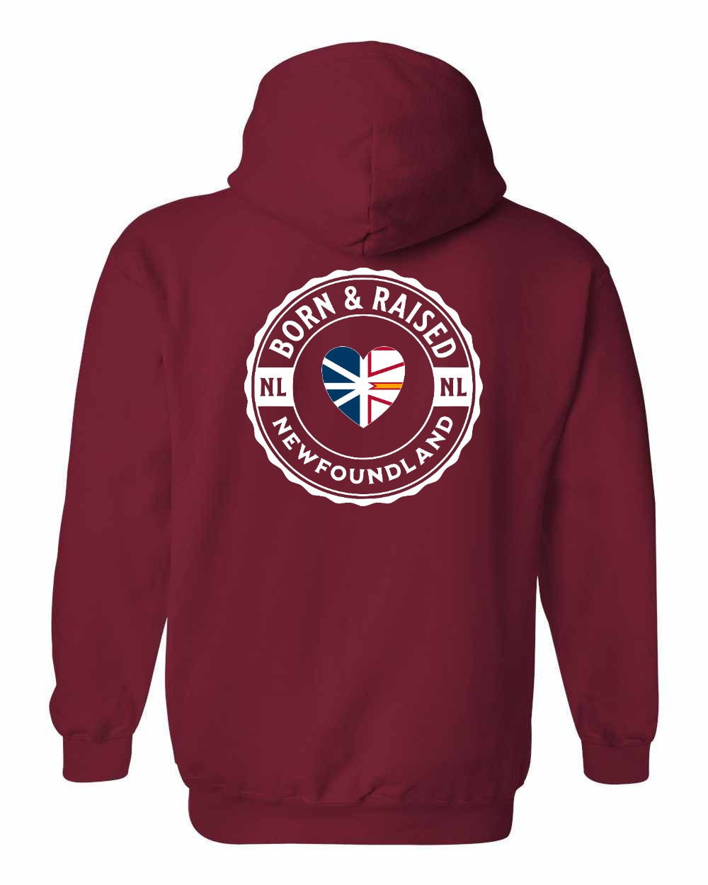 Born and Raised NFLD Heart Flag Left Chest & Back Pullover Hoodie - Unisex