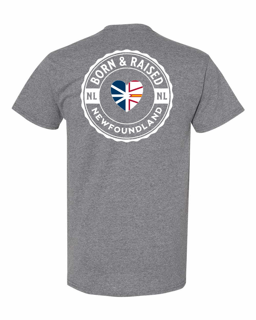 Born and Raised NFLD Heart Flag Left Chest & Back Men's Tee
