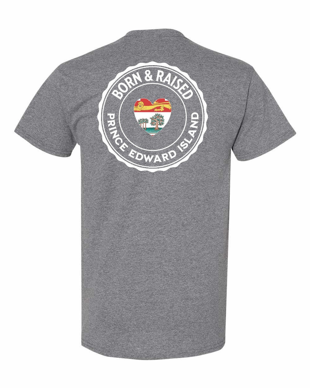 Born and Raised PEI Heart Flag Left Chest & Back Men's Tee