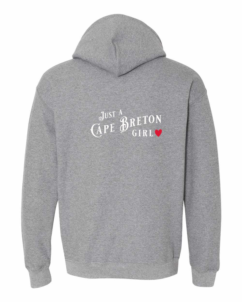Just a Cape Breton Girl Red Heart Left Chest and Back Pullover Hoodie